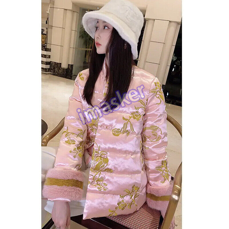 Retro Embroidery Cheongsam Down Jacket Fur Sleeve Women Thick Coats Overcoats