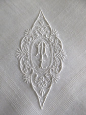 Vintage Madeira Embroidery White on White Wedding Bridal Handkerchief, Mono T