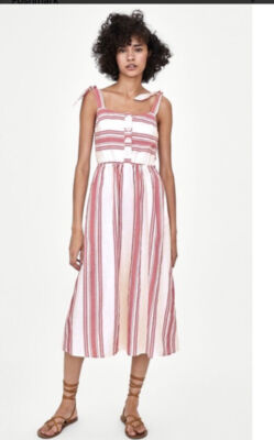 Zara Tie Strap Red Stripe Midi Button Front Pockets Summer Dress Size S  UK
