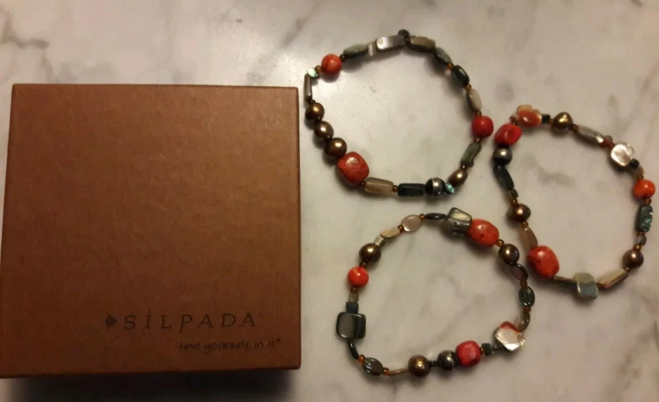 New SILPADA Abalone Shell, Sponge Coral, Freshwater Pearl, 3 Bracelets B1695/Box - Image 2 of 4