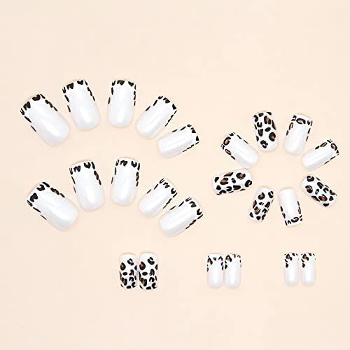 24Pcs Leopard Press on Nails Short French Tip Fake Nails Square Acrylic Nails - Bild 6 von 7
