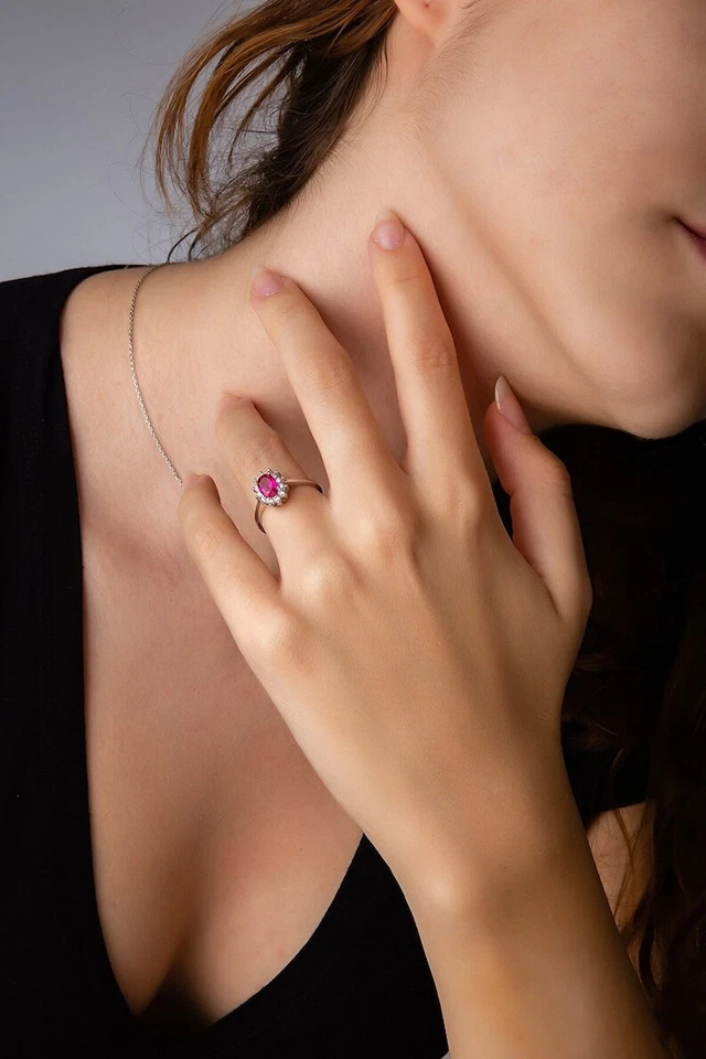 0.50-0.75 Ct Ruby & Natural Diamonds Halo Ring 10k Solid Yellow Gold - Image 2 of 4