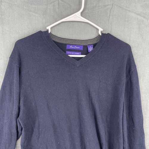 Alan Flusser Cotton Silk Cashmere Sweater Mens Medium Navy Blue V-Neck Knit - Picture 2 of 9