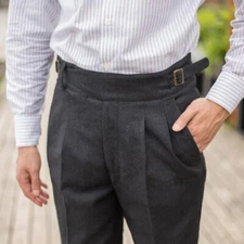 Formal Mens Wool Blend Gurkha Pants Casual Trousers Herringbone Dress Pant Retro