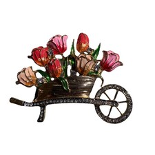 Spilla vintage Anne Klein pavè smalto rosa cristallo carrello fiori