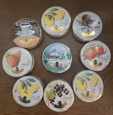 Lot of 9 Vintage La Vosgienne Candy Tins France, Empty, 7 Different Flavors