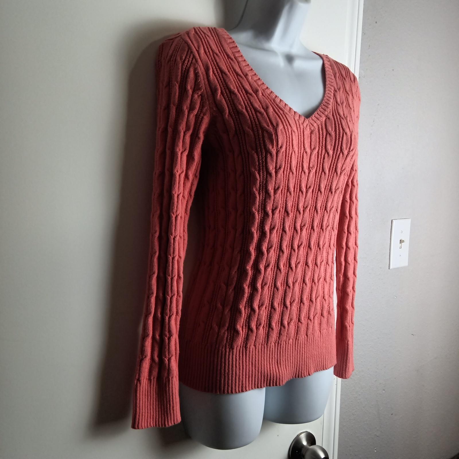 St John's Bay Sweater Womens Small Pink Cable Knit Pullover V Neck Long Sleeve