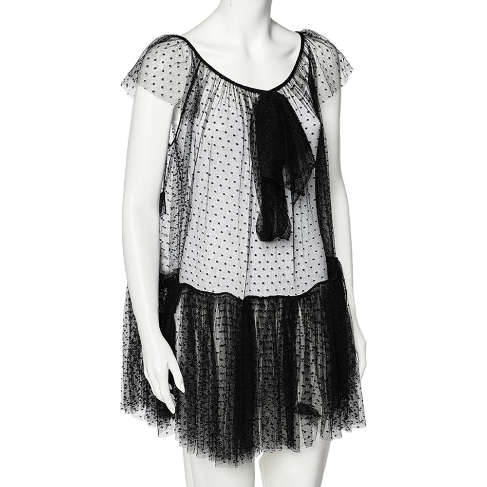 Mini Abito Moschino Nero Tulle Arruffato Orlo Dettaglio Fiocco Trasparente S