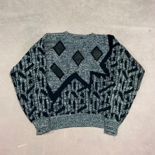 Vintage Knitted Jumper Abstract Patterned Grandad Knit Sweater With Patches