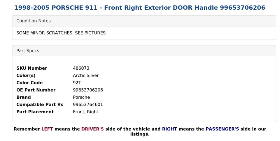 Porsche 911 1998-2005 - Manija puerta exterior delantera derecha 99653706206 Foto 3 de 4