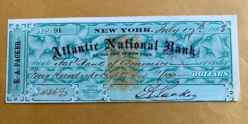 1868 New York ATLANTIC NATIONAL BANK Of The City Of New York Bank Check $468.11