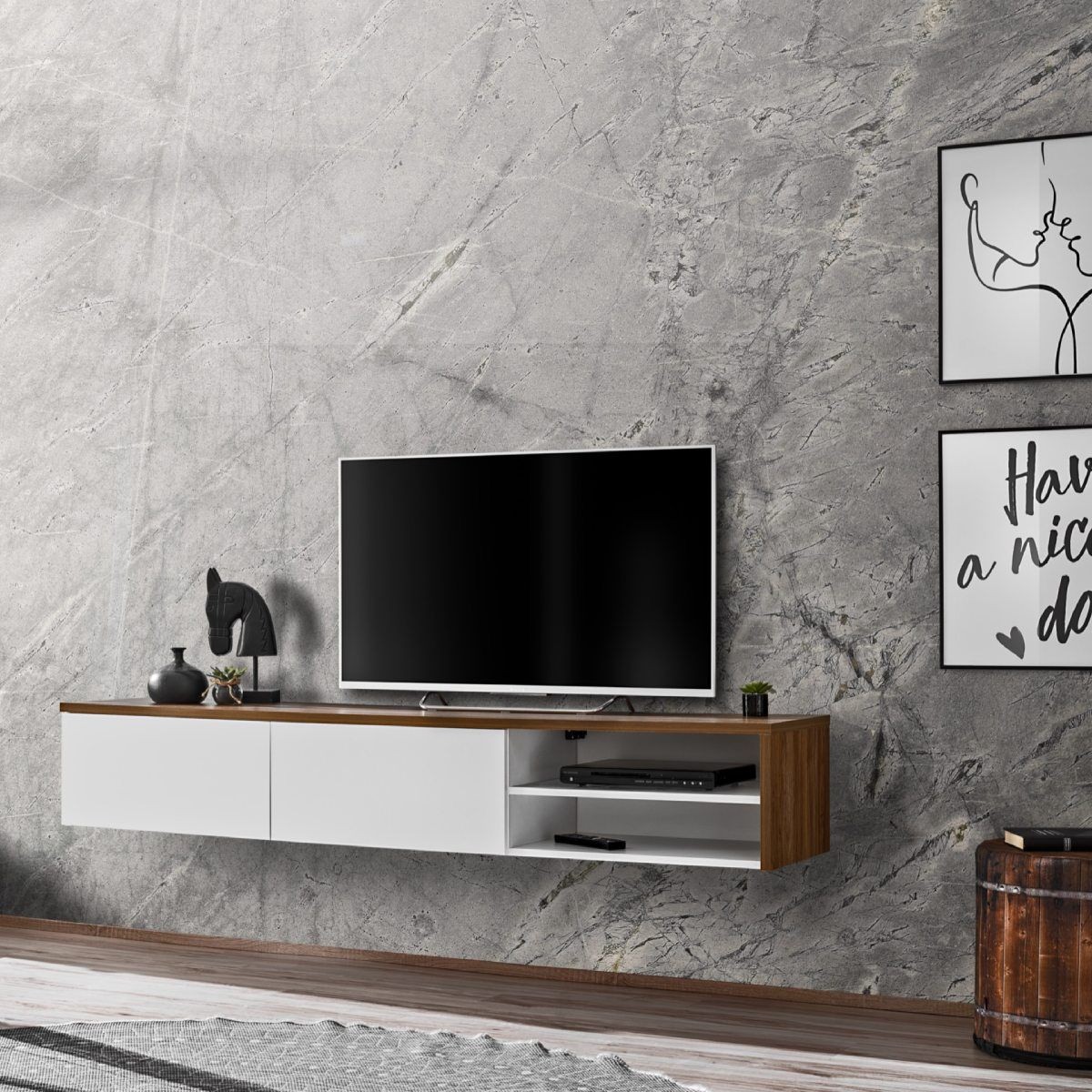 Meuble TV RTV Dallas Blanc et Bois 180cm pour Soirée Cinéma en Famille