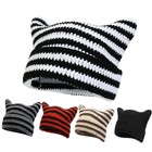 Women Beanie Knitted Hat Striped Cat Ear Hat Winter Warm Ski Cap Harajuku Gift