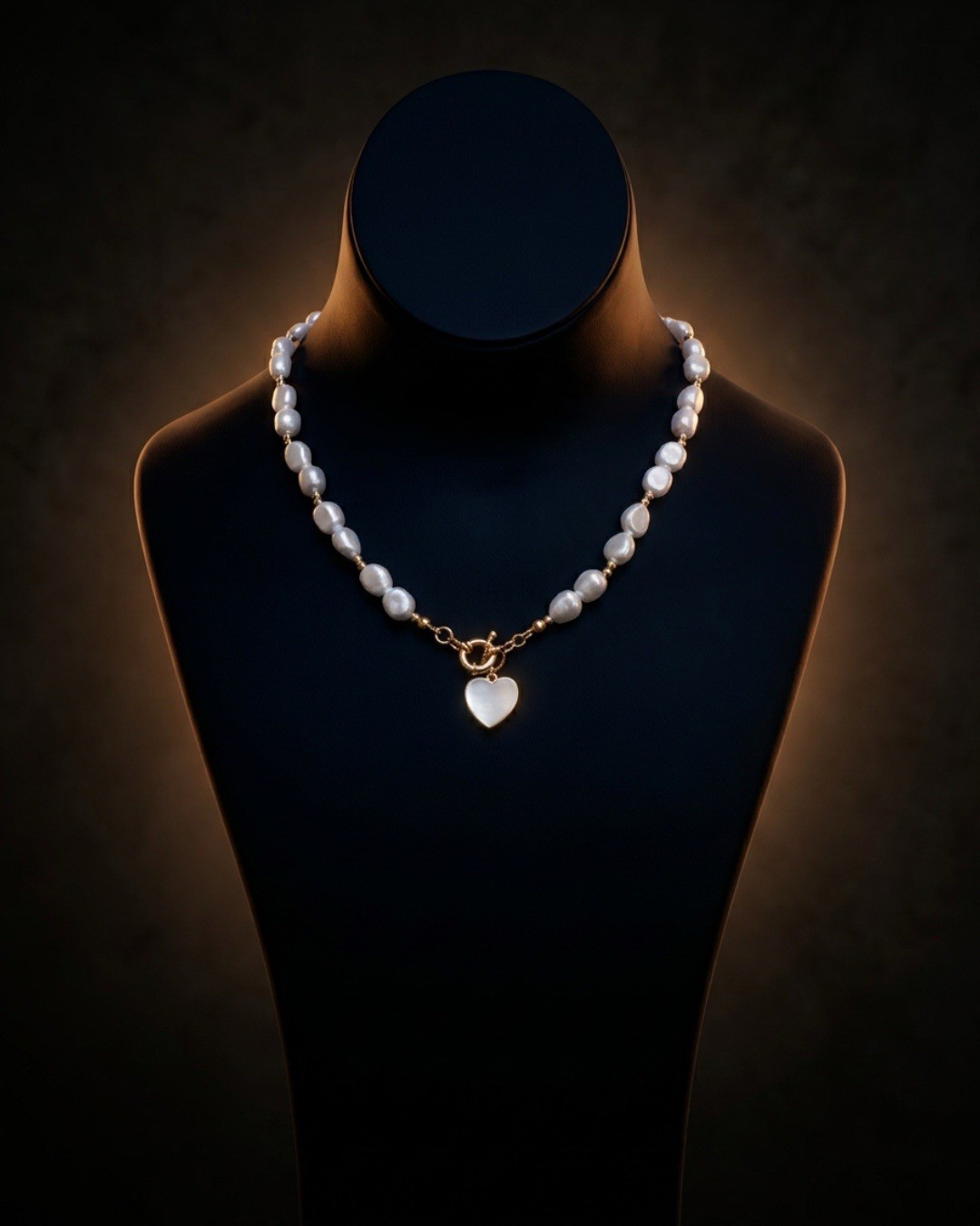 White Baroque Pearl Beaded Necklace, Gold Tone Heart Charm Toggle Pendant