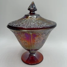 Vintage Cabbage Rose Indian Glass Covered Candy Dish 1970'sFooted Trinket  Dish