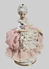 Antique German Dresden Lace Figurine Baroque Lady Pink Gown 4 Inch