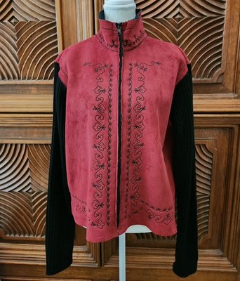 Size L COLDWATER CREEK Red Jacket Zip Up Long Sleeve Suede Feel Embroidered
