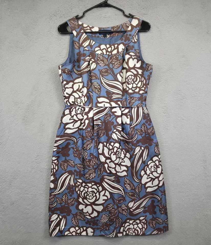 Vestido Boden Mujer 14 Azul Marrón Floral Plisado Seda Ajuste Acampanado Atemporal Negocios Foto 2 de 4