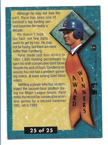 Ryne Sandberg 1992 Ultra Award Winners #25 - Chicago Cubs - Picture 2 of 2