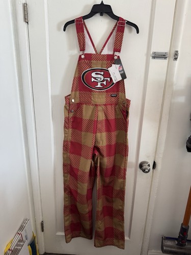 NEU NFL San Francisco 49ers karierte Latzhose Erwachsene Größe Small Heckklappe Party