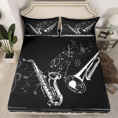 Saxophone Fitted Sheet Trombone Piano Keys Bedding Set Jazz Music Theme Bed S...