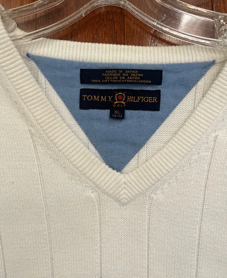 Chaleco Suéter Tommy Hilfiger Golf Para Hombre De Colección Talla XL Blanco Negro Rayas Cresta Foto 4 de 4