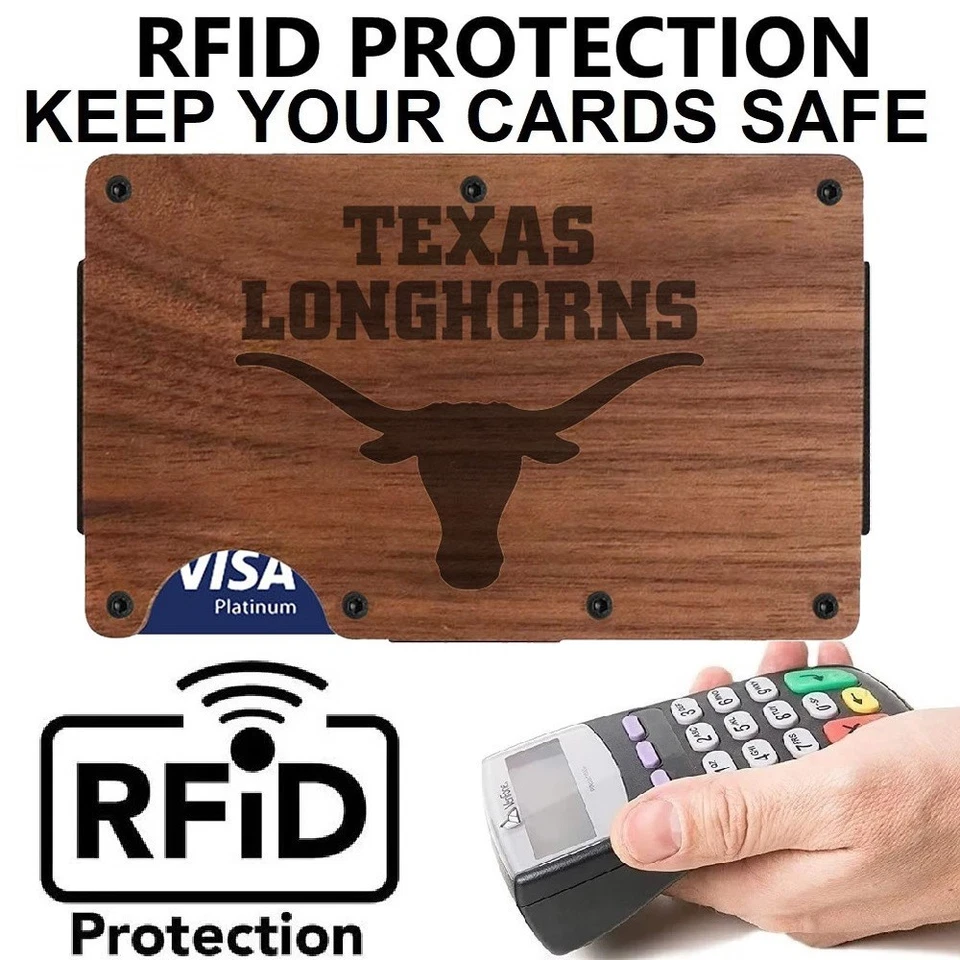 Cartera Texas Longhorns Personalizada Genuina Madera de Cerezo Grabada RFID Bloqueo Regalo D7 Foto 2 de 4