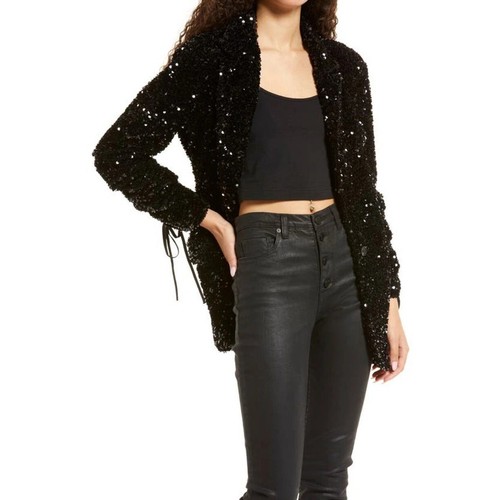 BLANKNYC BREAK THE BANK BLACK SEQUINS RUCHED SLEEVE BLAZER JACKET SIZE M, $128 - Picture 2 of 16