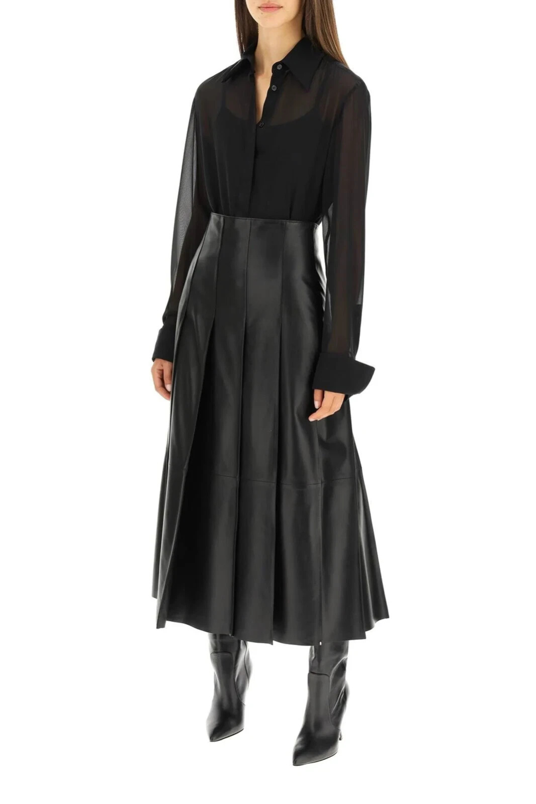 Women's Lambskin Leather Flare Skirt Long Maxi Black Lined Zipper Closure