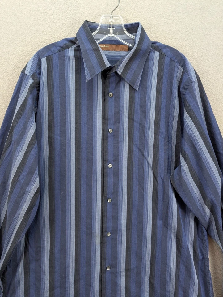 Camisa Perry Ellis Para Hombre XG Azul Rayas Abotonada Manga Larga Preppy Elastizada Foto 3 de 4