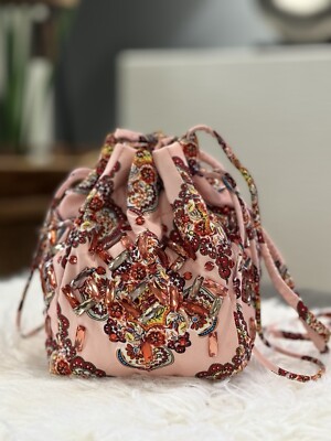 Zara Drawstrin Bag Peach Pink Fabric Handle Tie Knot Round Bucket Flower Accesso