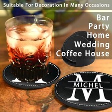 Customized black leather coaster with leather holder 6-piece set