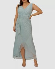 Adrianna Papell Women's Blue Metallic Long Faux Wrap Dress Size 18W