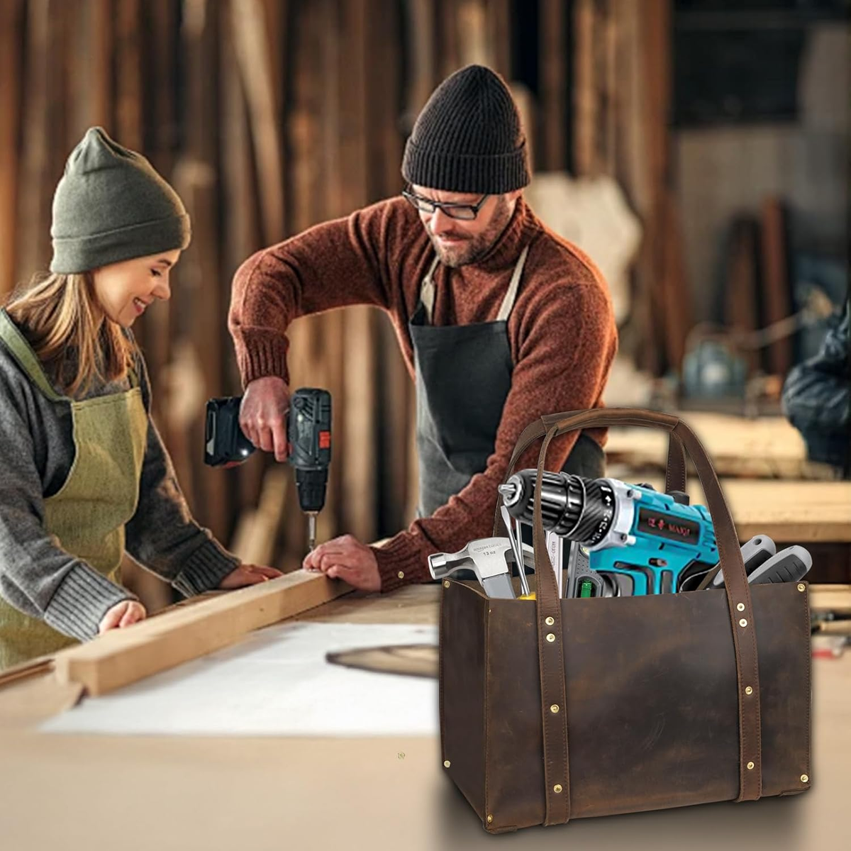 Leather Tool Bag Wide Mouth Tool Storage Bag for Hand Tools 16