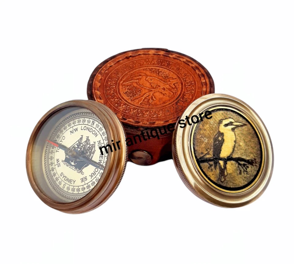 Brújula de bolsillo náutica de latón de 2"" Australia Kookaburra Brid con estuche de cuero Foto 2 de 4