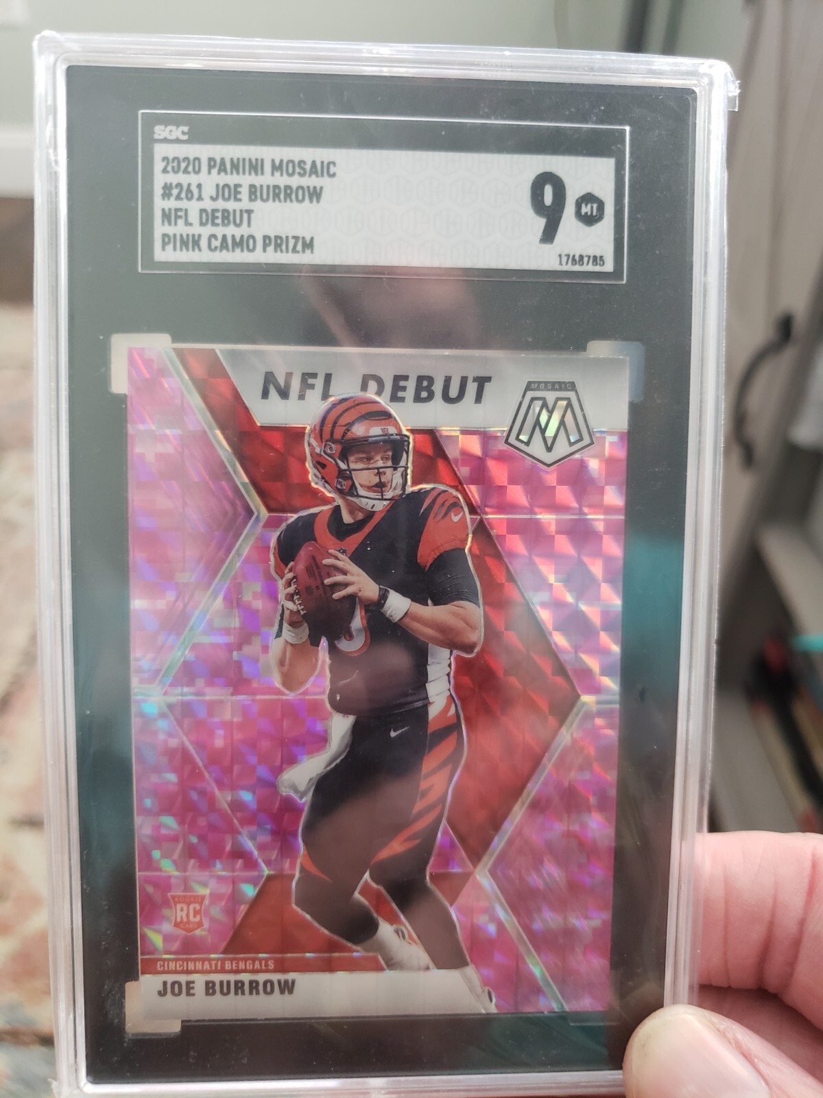 2020 Panini Mosaic #261 Joe Burrow NFL DEBUT Pink Camo Prizim SGC 9 MINT ROOKIE