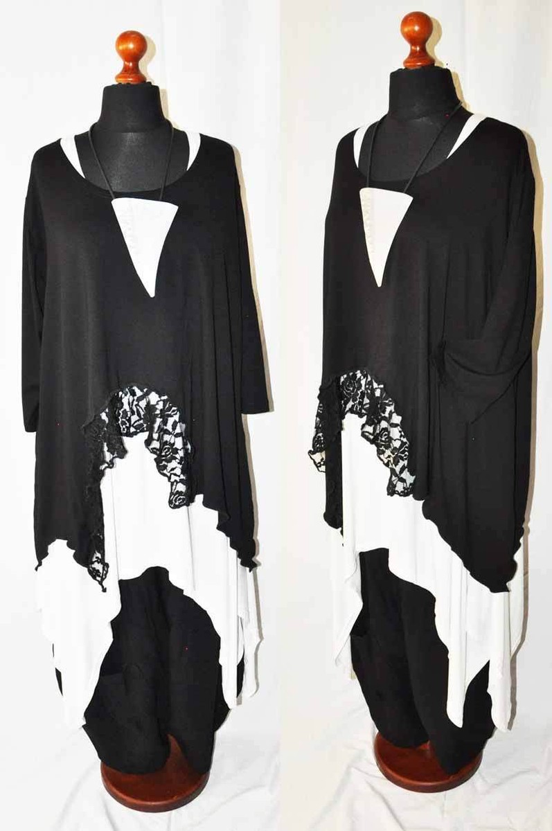 Tunique Lagenlook Noir Jersey Et Dentelle - Taille XL à XXXL (Grandes Tailles) - Neuf Avec étiquettes