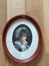 Vintage Aristocratic Woman Print in Oval Cream Mat & Wood Frame Under Glass-