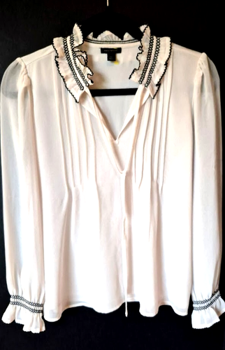 Blusa Ann Taylor Blanca Forrada Plisada Talla XS/P Mangas Transparentes Cuello Volantes - Imagen 14 de 20
