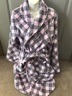 PINK VS Women's M/L Short Plush Robe Black Pink Striped Signature VS Logo NWT