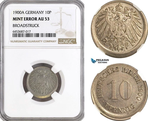 AH314, Germany, Wilhelm II, 10 Pfennig 1900 A, Berlin, Mint Error, NGC AU53