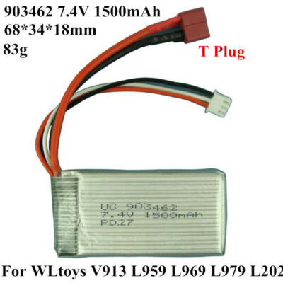 1x 903462 1500mAh 7.4V T Plug Battery For WLtoys V913 L959 L969 L979 L202 RC Car