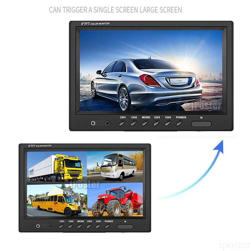 9" Quad Monitor 4 PIN 4x Rear View Backup Camera System For Trailer Truck RV AG - Image 3 of 4