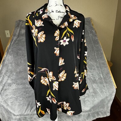 Catherine Malandrino Top Women's 1X Black Rust Floral Multi Color Button Up New
