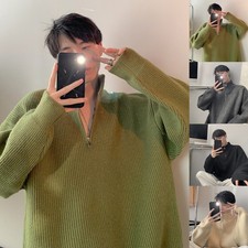 Mens Casual Knitted Pullover Sweater Half Zipper Loose Jersey Stand Collar
