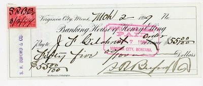 1899 Virginia City Montana Bank Check Signed J F Gilcrest Henry Elling Doc Stamp