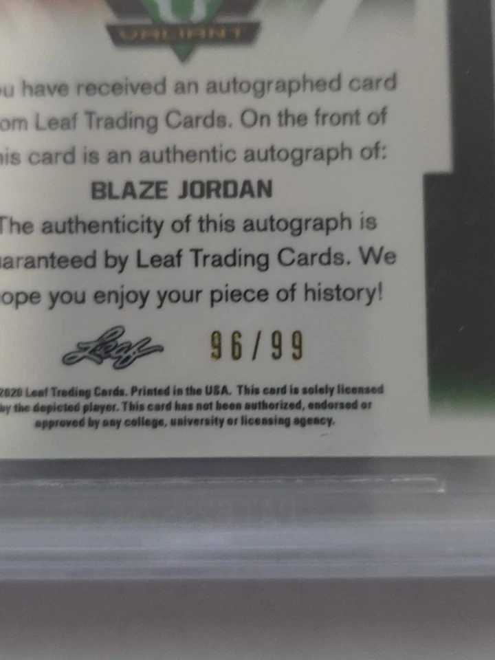 Blaze Jordan 2020 Leaf Valiant Autograph Green BA-BJ1 /99 Boston Red Sox BGS 9.5 - Image 3 of 3