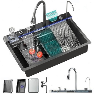 Gray Stainless Steel Kitchen Sink 30 Inch Single Bowl Set with Pull Down Faucet