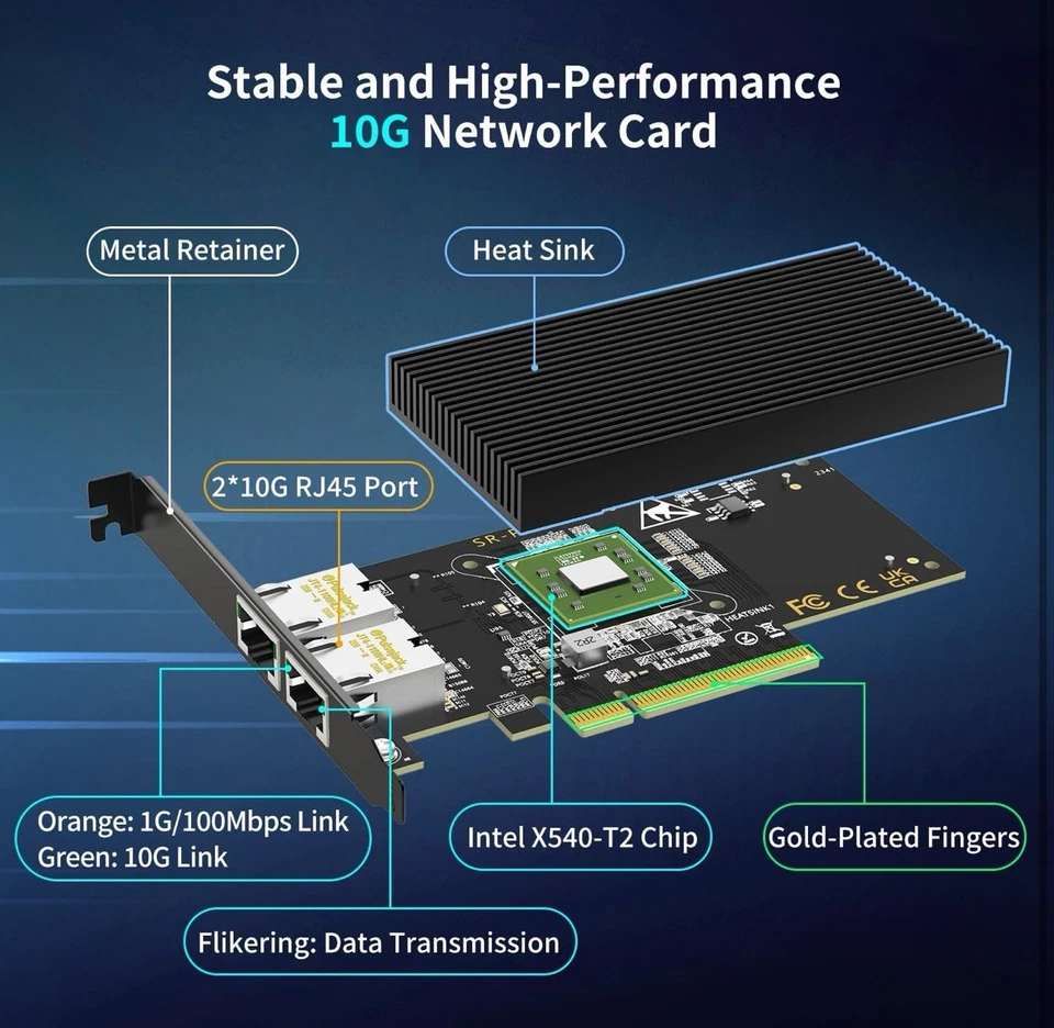 10Gb Dual LAN Base-T PCI-e Network Card Intel X540-T2 Controller RJ45 Port 10G - Image 2 of 4