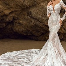 Mermaid Wedding Dresses Long Sleeve Lace Applique Sweep Train Bridal Gowns